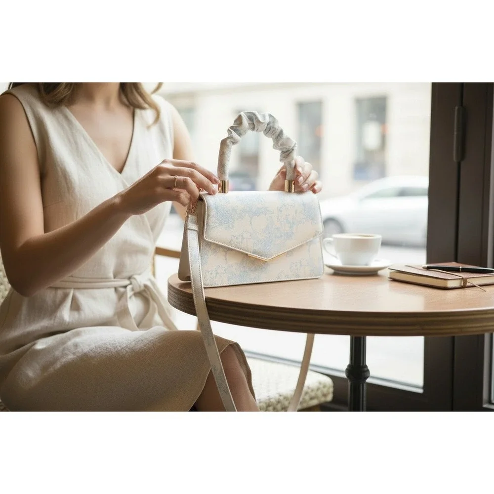 Aldo Top Handle Bag Women Cream Blue Toile De Jouy Ruched Handle Small OS